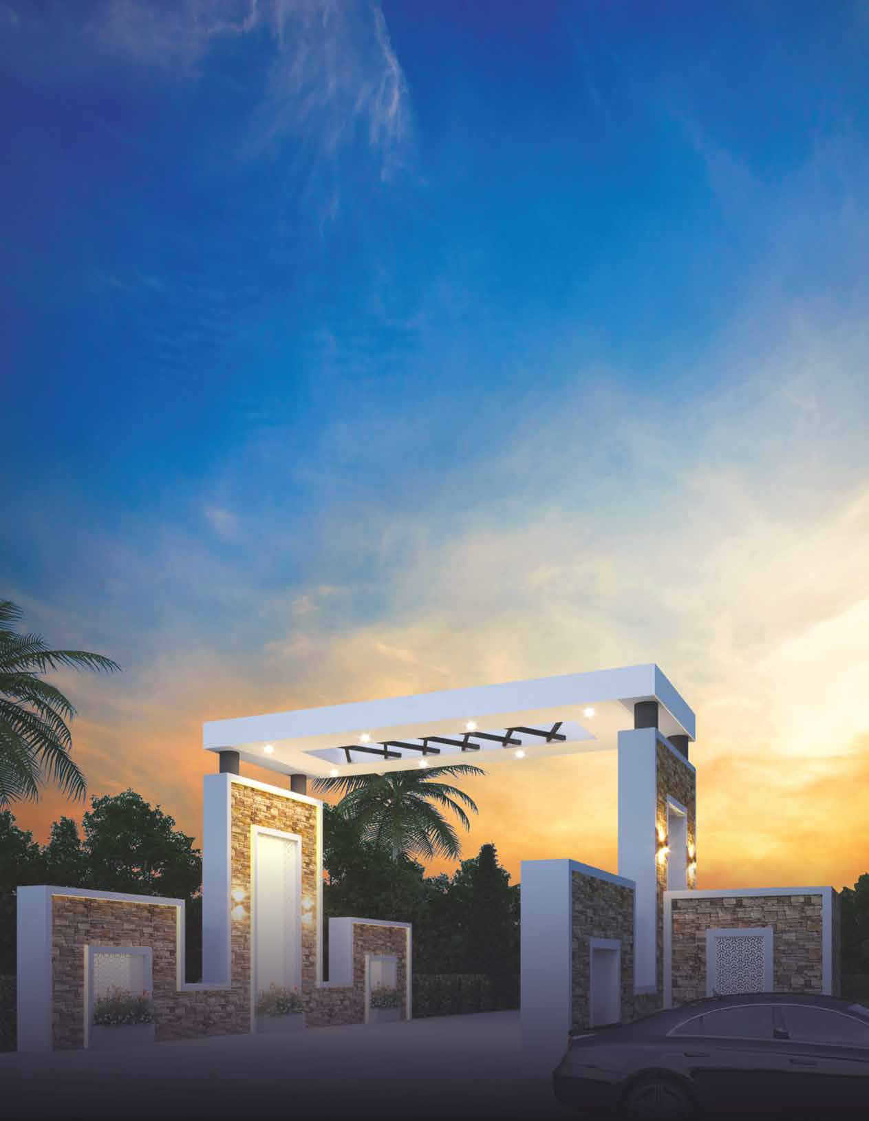 Illuminated stone-clad entrance gate at sunset